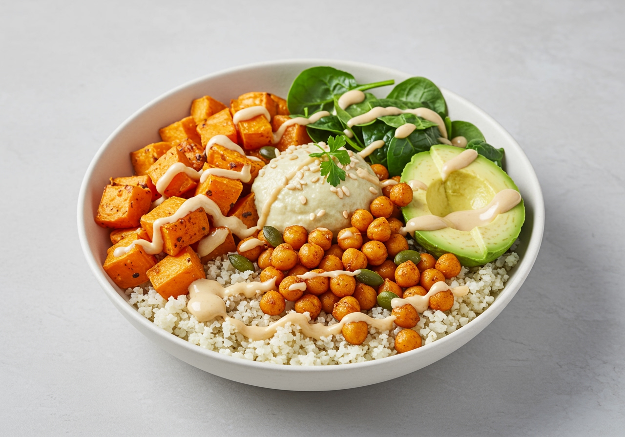 A vibrant and colorful Buddha bowl filled with various ingredients like roasted vegetables, chickpeas, avocado, and a creamy dressing, all served over a base of white cauliflower rice.
