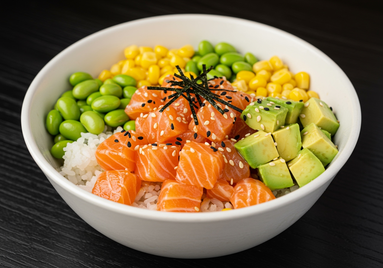 A vibrant and colorful close-up shot of a Salmon and Avocado Poke Bowl, showcasing the diced salmon, avocado cubes, rice, and various fresh toppings like edamame, corn, and sesame seeds.