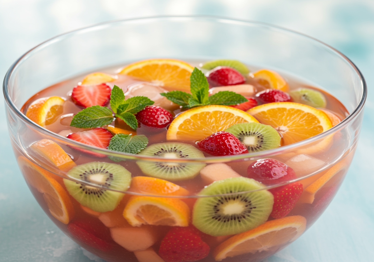 A vibrant and colorful fruit punch in a large glass bowl, with various chopped fruits and mint leaves, against a light summer background.