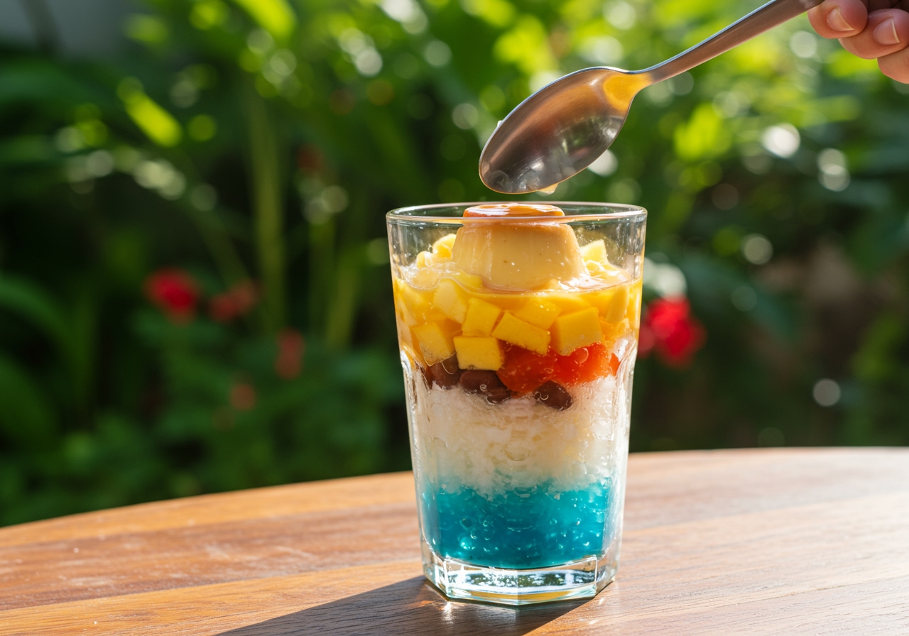 A vibrant and colorful glass of Halo-Halo with a spoon, showing distinct layers before being mixed, in a sunny outdoor setting.