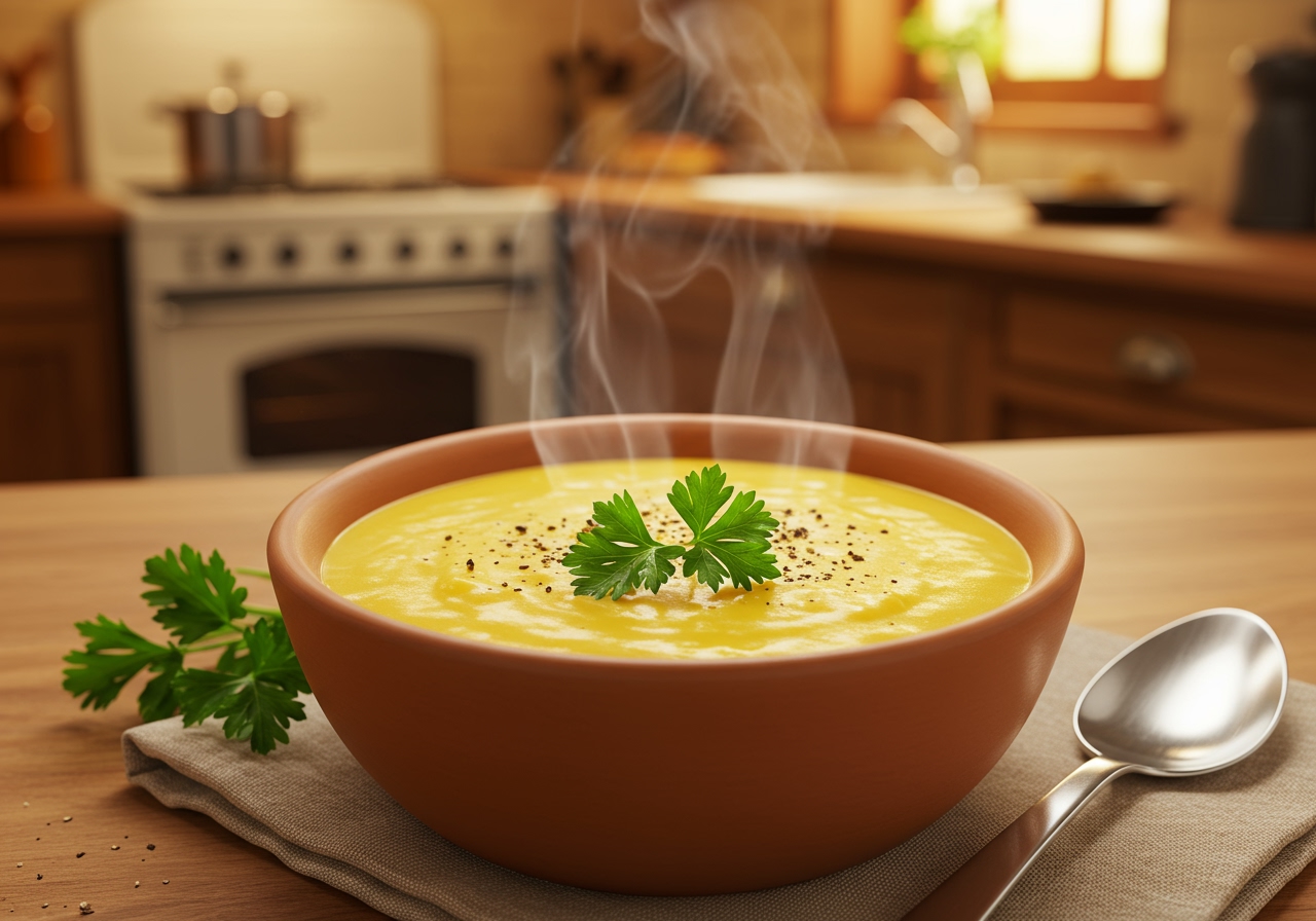 A vibrant and comforting bowl of creamy vegetable cheese soup, garnished with fresh parsley and a sprinkle of black pepper, steam gently rising, in a cozy kitchen setting.