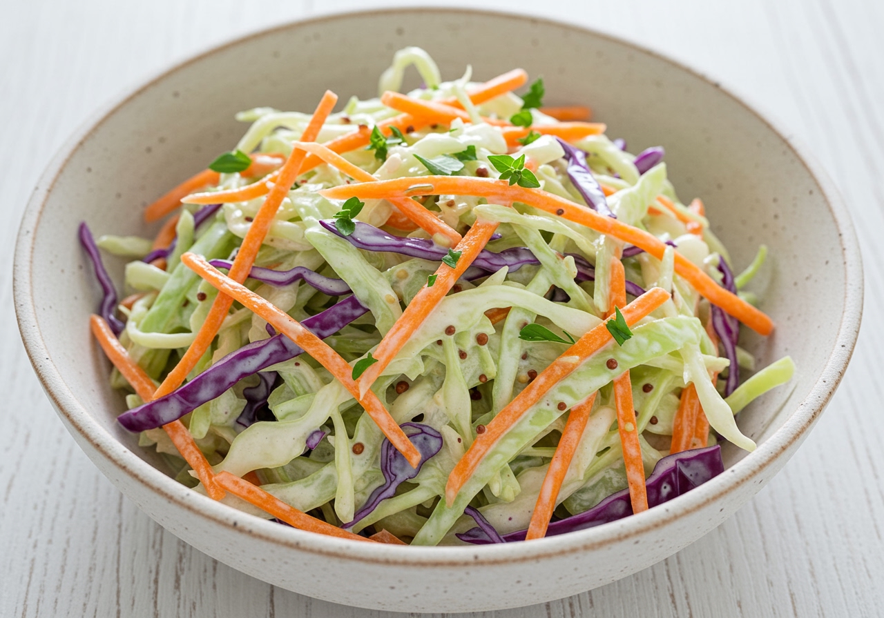 A vibrant and fresh bowl of Healthy Cindy's Coleslaw, showing finely shredded cabbage, carrots, and a light, creamy dressing.