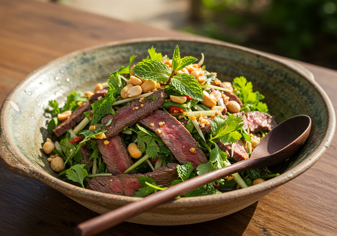 A vibrant and fresh Cambodian lemongrass salad with thinly sliced beef, herbs, and peanuts, served in a bowl with a spoon.