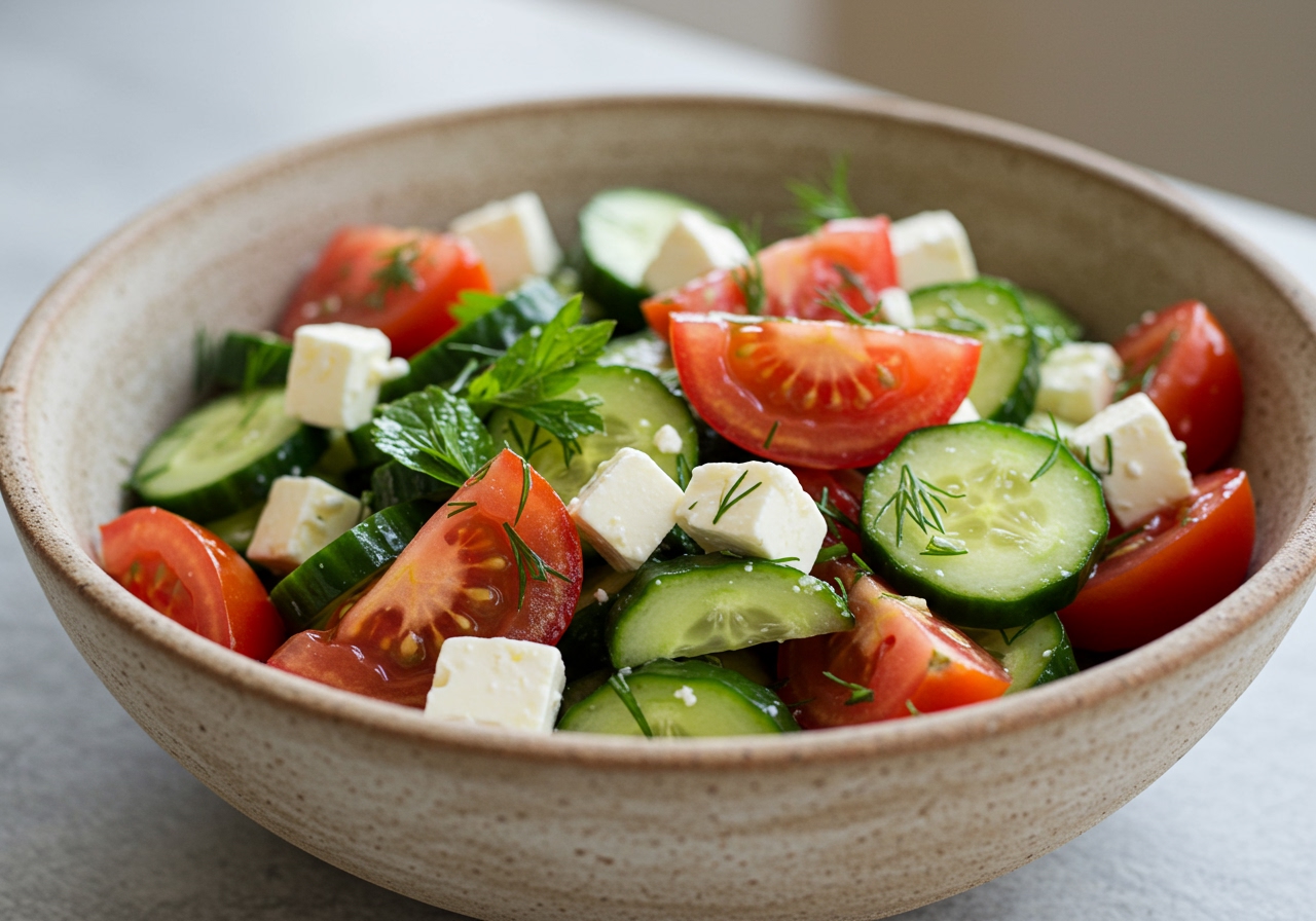 A vibrant and fresh cucumber and tomato salad with feta cheese and herbs in a bowl, looking cool and refreshing.