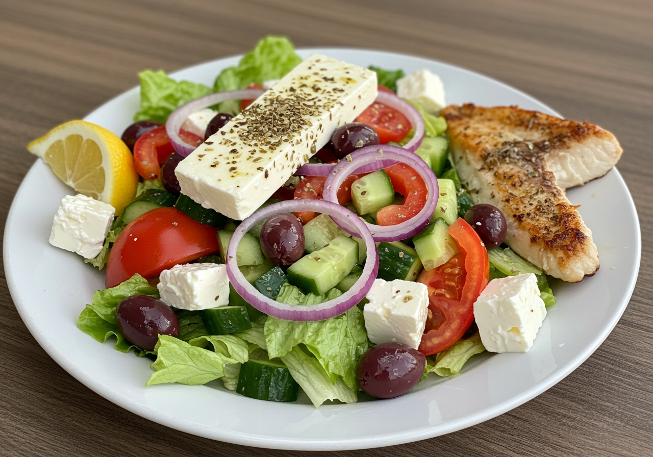 A vibrant and fresh Greek salad with crisp lettuce, juicy tomatoes, cucumbers, red onions, Kalamata olives, and feta cheese, dressed with olive oil and oregano, next to a portion of grilled fish.