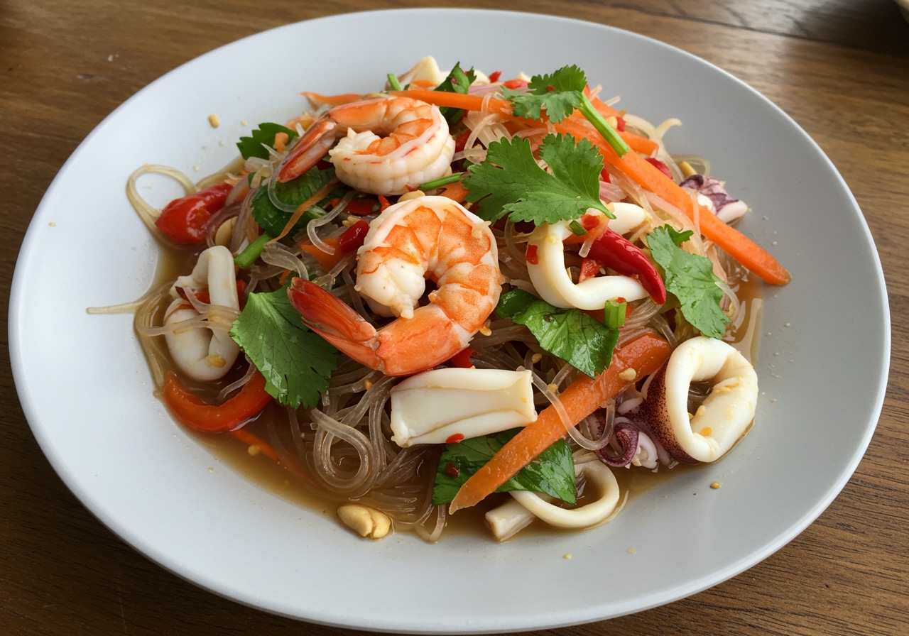 A vibrant and fresh plate of Thai Yam Woon Sen (Glass Noodle Salad) with shrimp, squid, vegetables, and a spicy dressing, viewed from above.