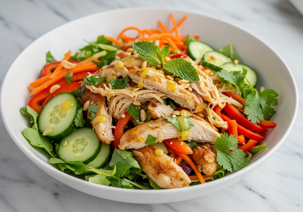 A vibrant and fresh Vietnamese lemongrass chicken salad in a large bowl, showing shredded chicken, colorful vegetables, herbs, and a drizzle of dressing.