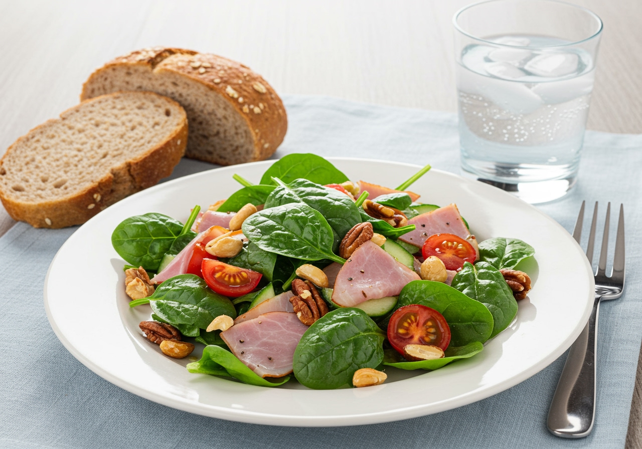 A vibrant and healthy Easy Spring Ham and Spinach Salad served on a white plate, alongside a slice of whole wheat bread and a glass of refreshing water. The salad is garnished with toasted nuts and a sprig of fresh herbs, emphasizing healthy eating.