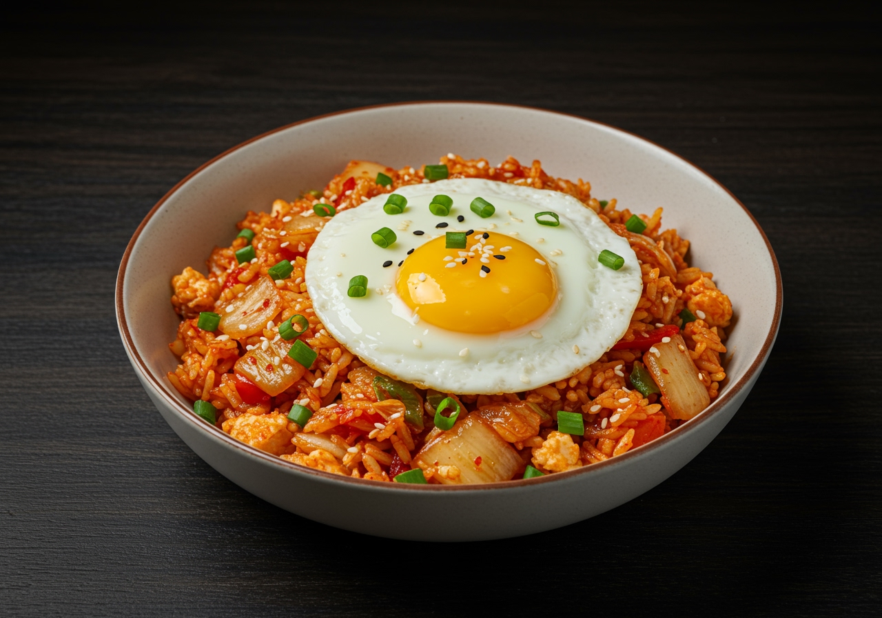 A vibrant and varied bowl of kimchi fried rice with a fried egg on top, garnished with green onions and sesame seeds, placed on a dark wooden table.