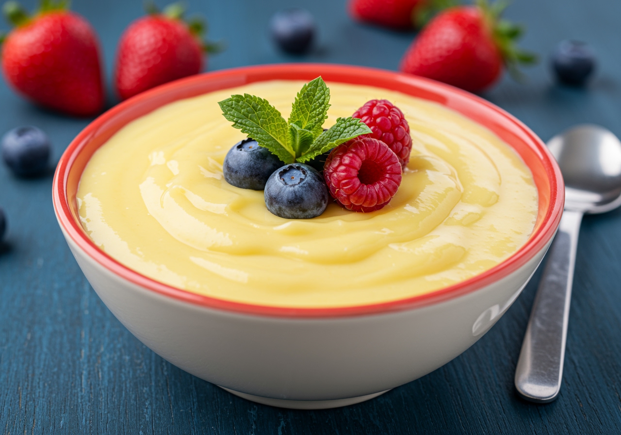 A vibrant, appealing shot of a bowl of healthy custard, garnished with fresh berries and a mint leaf. The custard has a smooth, creamy texture and a rich, light yellow color. Natural light, soft focus.