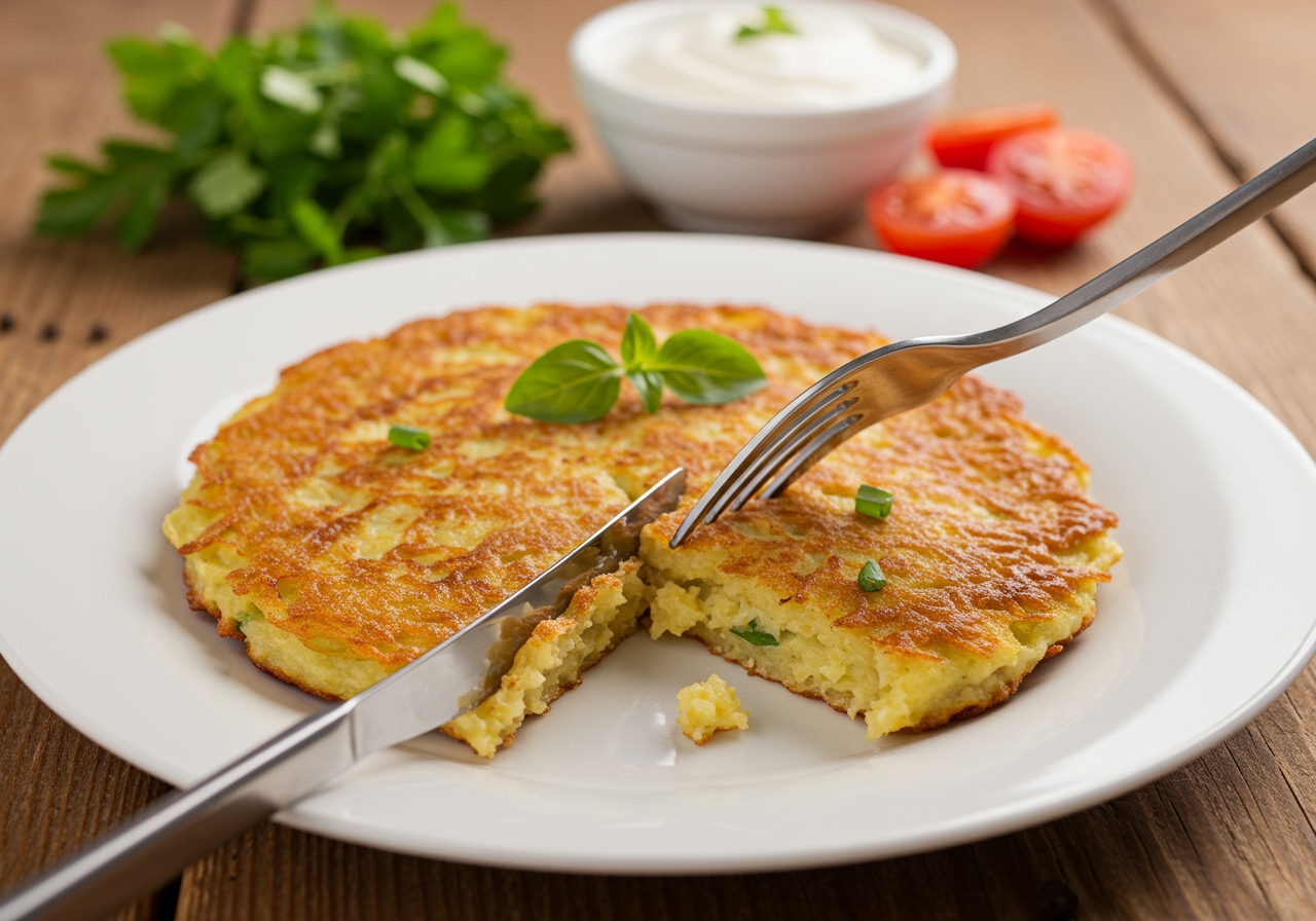A vibrant, appealing shot of a perfectly cooked potato pancake on a white plate, with a fork cutting into it, revealing its fluffy interior, surrounded by a few fresh herbs and a small bowl of dipping sauce in the background.