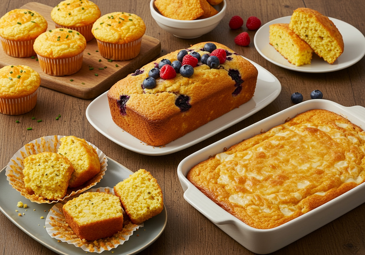 A vibrant, appealing spread of various dishes made with cornbread, including savory muffins, a sweet cornbread loaf with berries, and a cornbread casserole, illustrating its versatility.