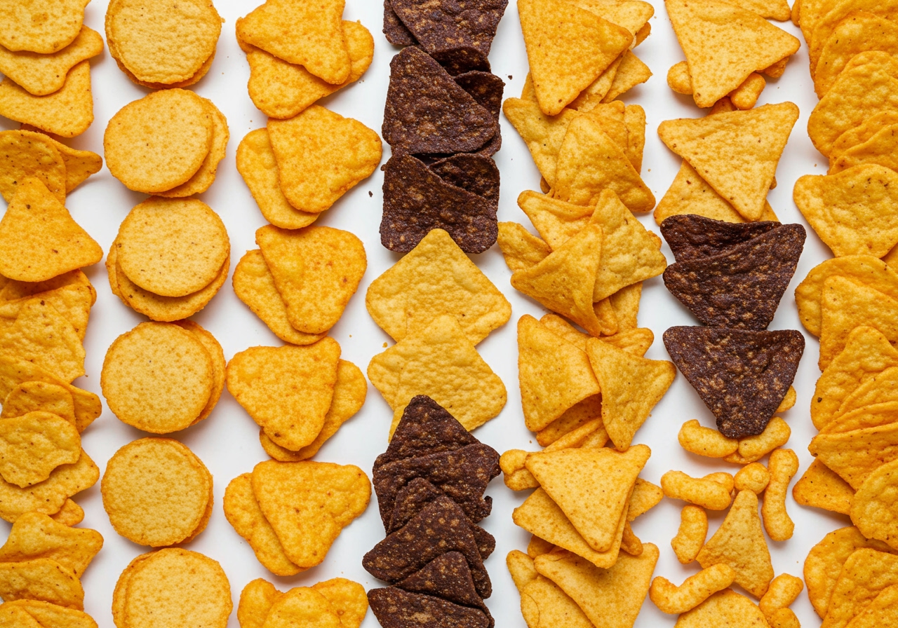 A vibrant array of different types and brands of corn chips laid out for a taste test