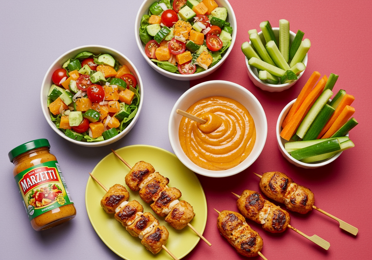 A vibrant, artfully arranged collection of small dishes featuring Subway's Marzetti sauce. This could include a colorful salad, chicken skewers, and a bowl of vegetable sticks with the sauce as a dip, all presented in a healthy, appealing way.