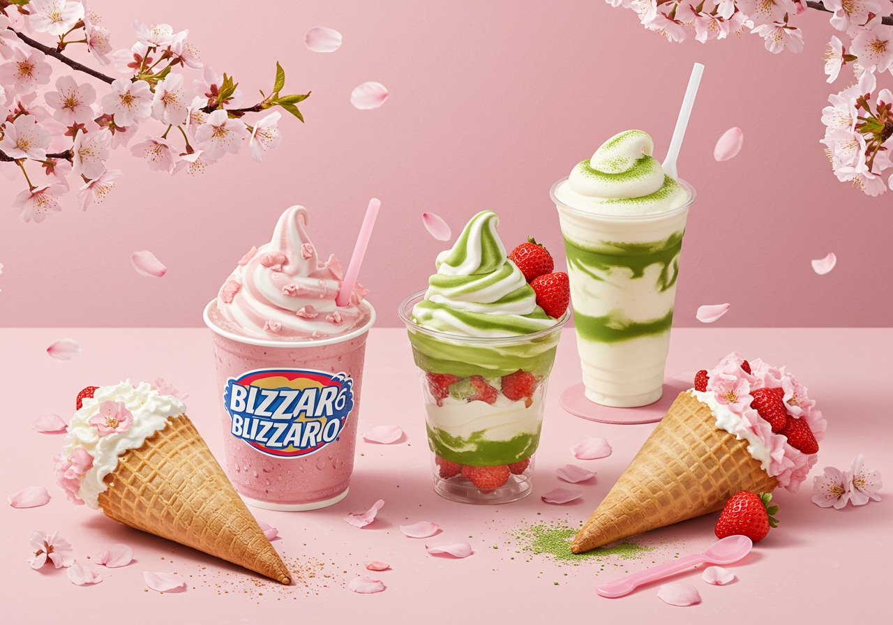 A vibrant, artfully arranged display of Dairy Queen's hypothetical 2025 spring collection, featuring a sakura-themed Blizzard, a matcha sundae, and an ichigo (strawberry) dipped cone, with cherry blossom petals scattered around.