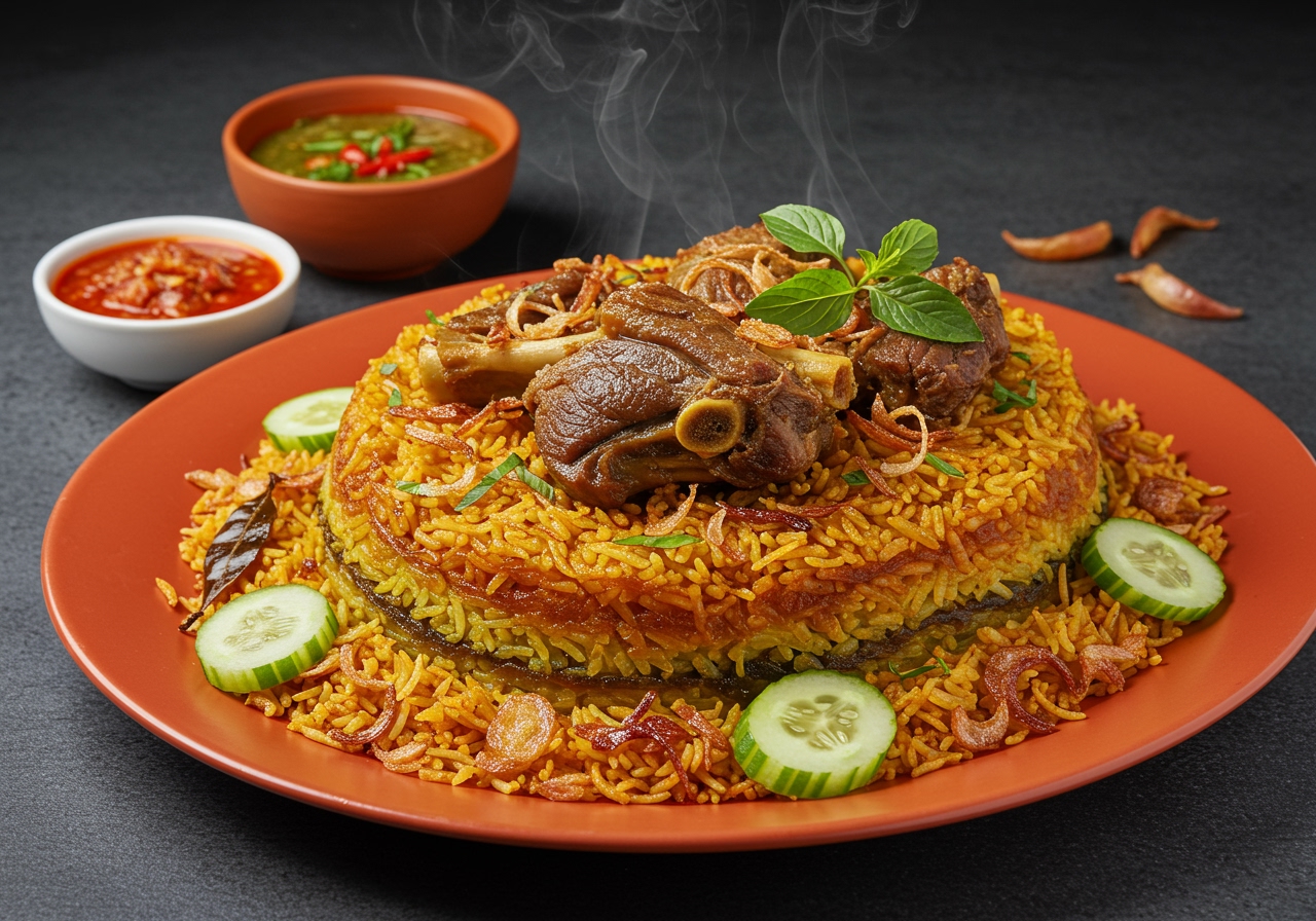 A vibrant, artfully arranged platter of Siamese-style Goat Biryani, garnished with fresh herbs and fried shallots, showcasing the layered rice and tender goat meat. Focus on rich colors and aromatic steam.
