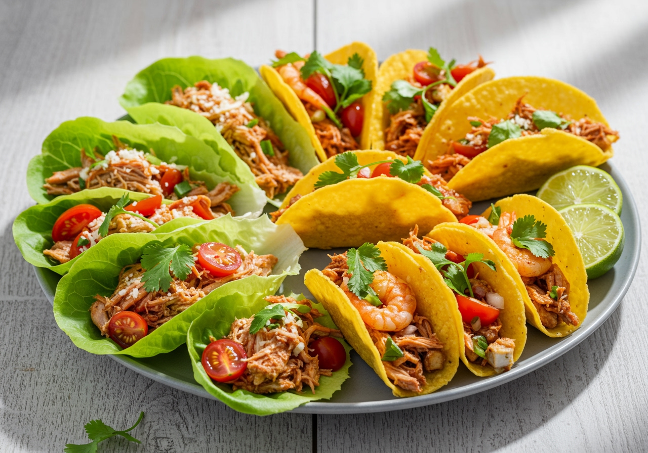 A vibrant, artfully arranged platter of various healthy low-carb tacos, featuring lettuce wraps, cheese shells, and colorful fillings. Natural light, inviting atmosphere.