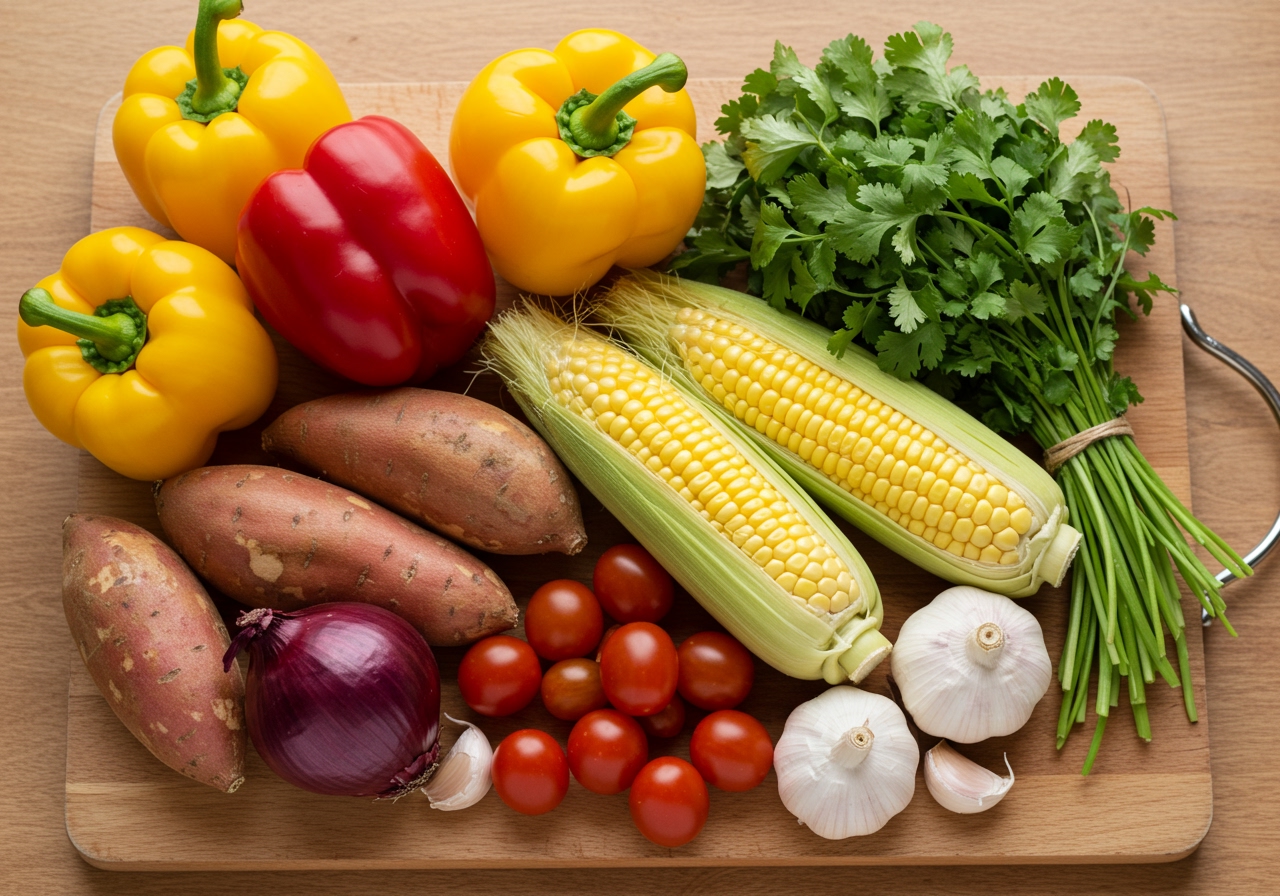 A vibrant assortment of fresh, colorful vegetables on a wooden cutting board: red and yellow bell peppers, cherry tomatoes, sweet potatoes, ears of corn, red onion, garlic cloves, and fresh cilantro. Bright and inviting.