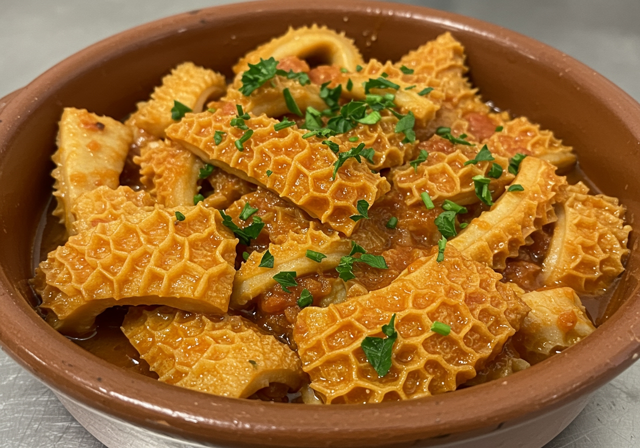 A vibrant bowl of a traditional tripe dish from Italy, Trippa alla Romana, garnished with parsley.