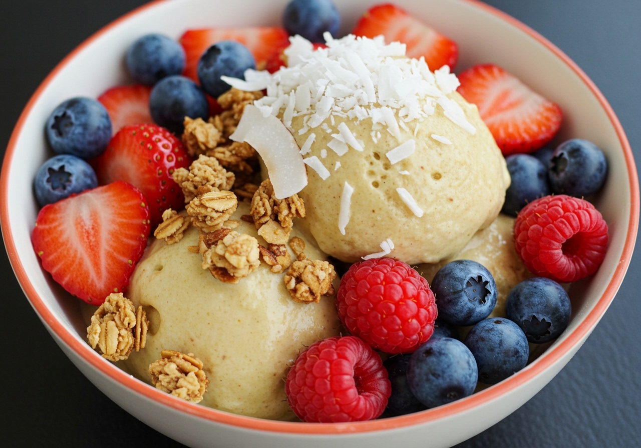 A vibrant bowl of banana ice cream topped with fresh berries, granola, and shredded coconut.