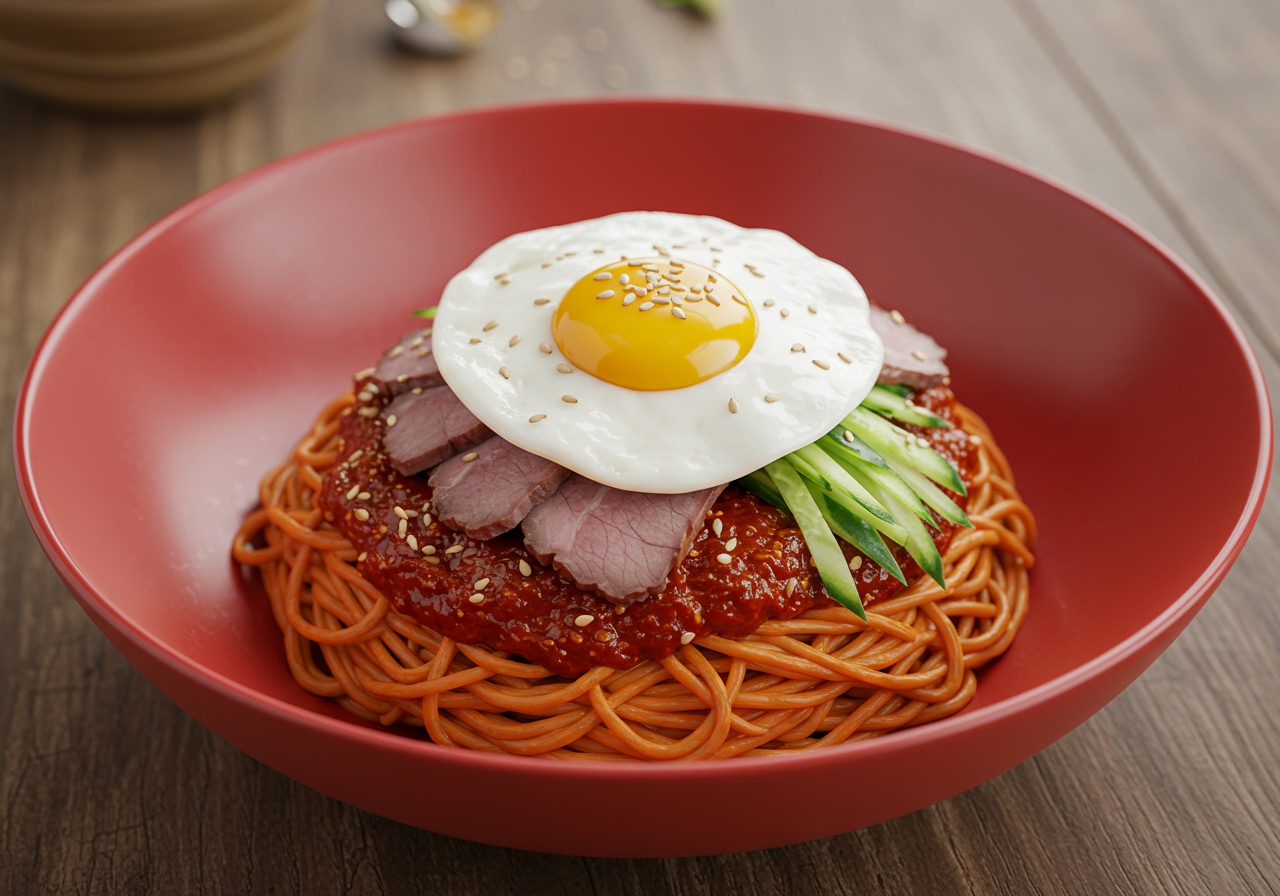 A vibrant bowl of Bibim-milmyeon (Korean cold noodles with spicy sauce) topped with egg, cucumber, and meat