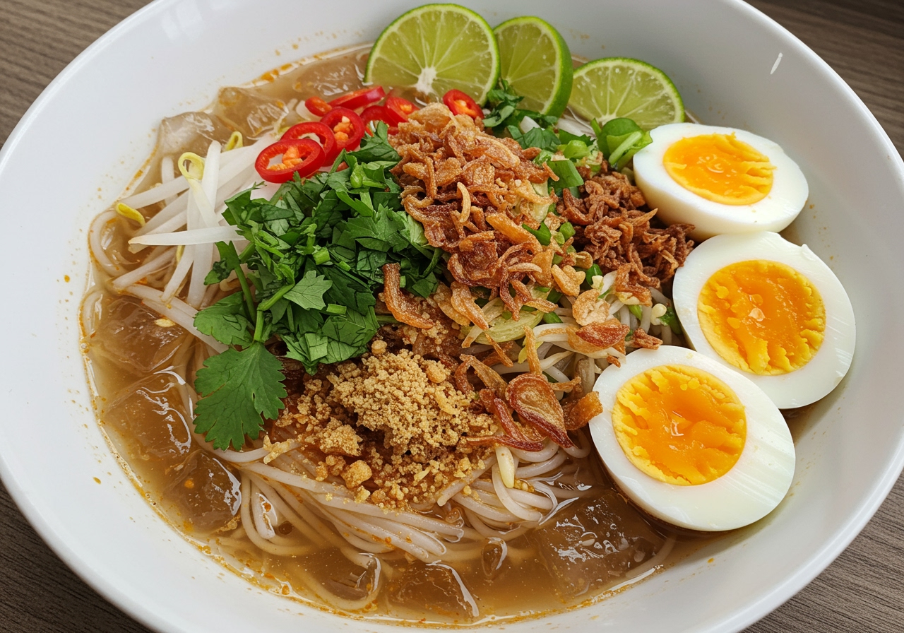 A vibrant bowl of cold Mohinga-style noodles with various colourful toppings, viewed from above.