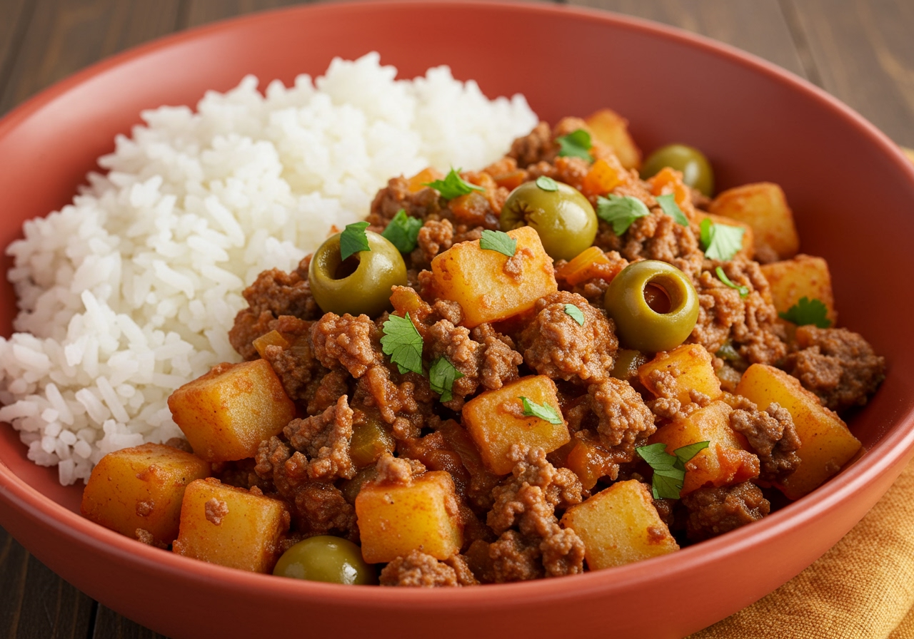 A vibrant bowl of Cuban picadillo hash, richly colored with ground meat, potatoes, olives, and a sprinkle of fresh cilantro, served with a side of white rice.