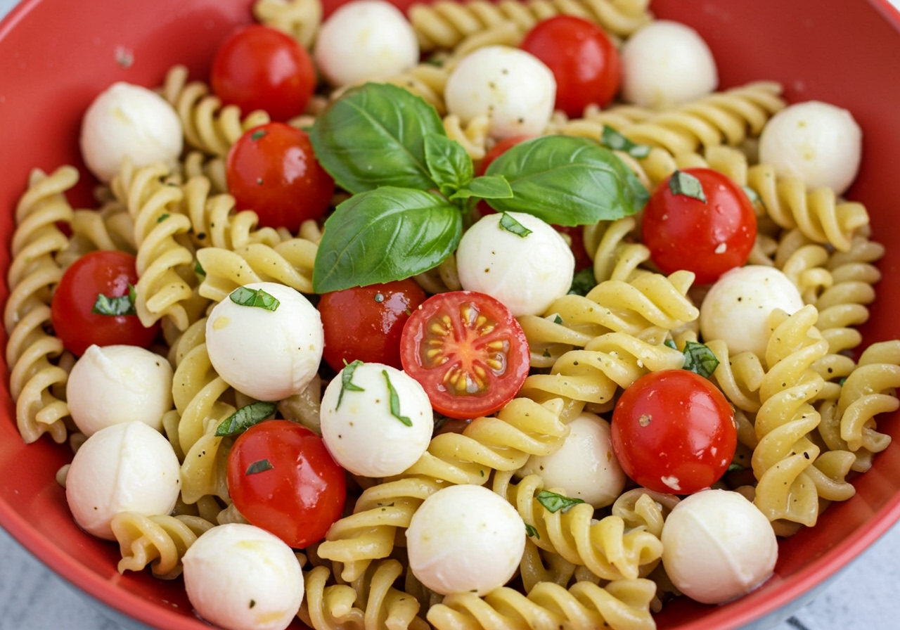 A vibrant bowl of easy mozzarella pasta salad with fusilli pasta, cherry tomatoes, mini mozzarella balls, and fresh basil, drizzled with dressing.
