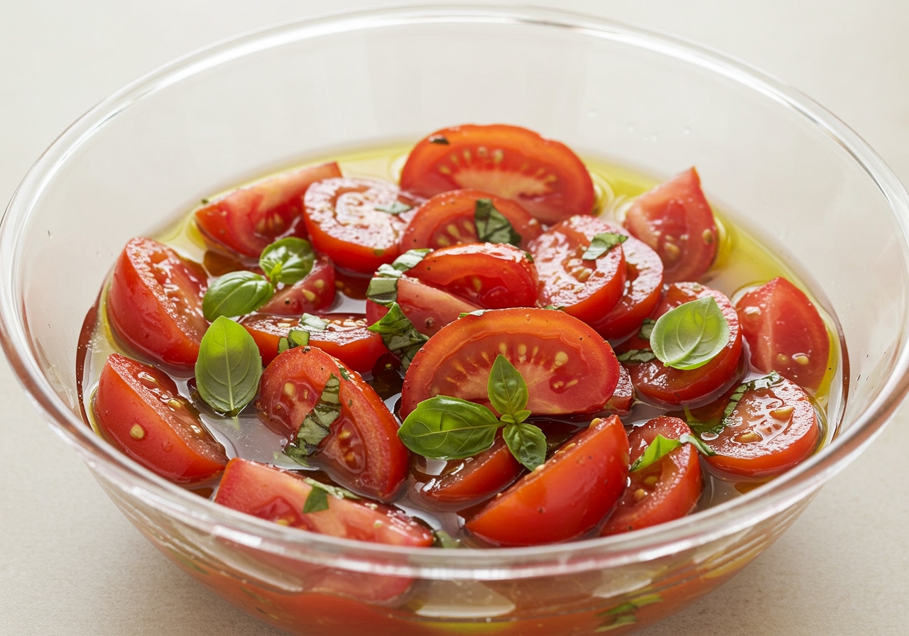 A vibrant bowl of fresh tomato cold marinade, with basil leaves and olive oil drizzle