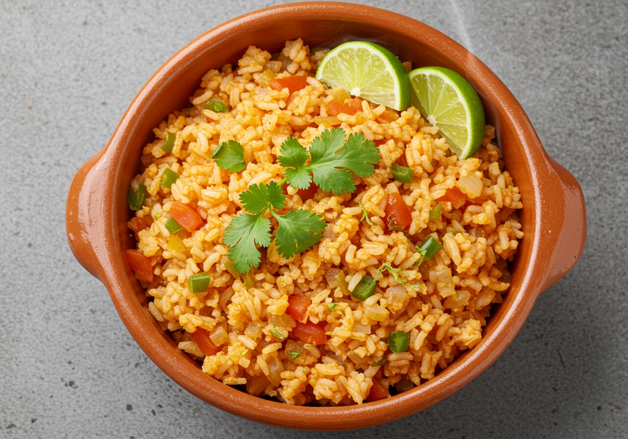 A vibrant bowl of freshly made easy Mexican rice, garnished with cilantro and lime wedges.