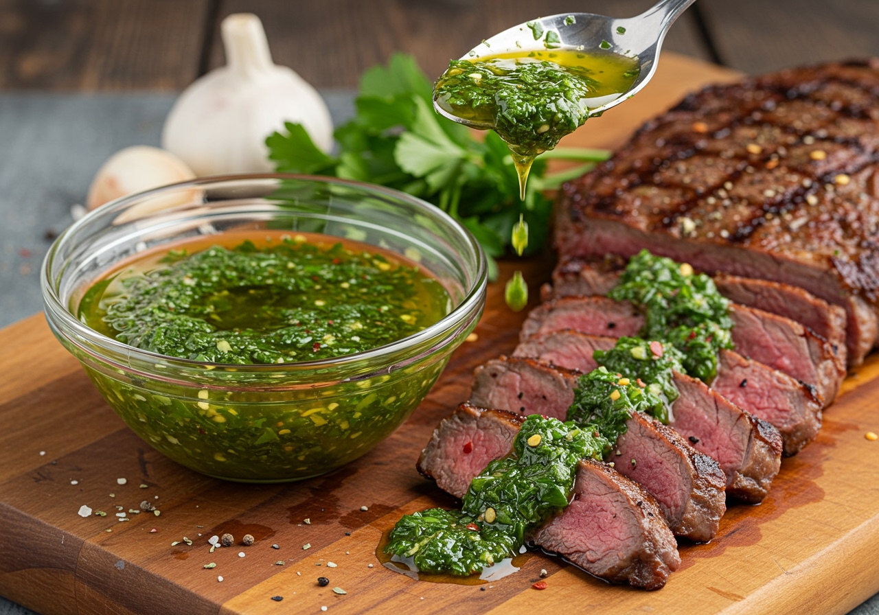 A vibrant bowl of freshly made green chimichurri sauce, with fresh parsley, oregano, garlic, and red pepper flakes visible. It's drizzled over a perfectly grilled steak on a wooden cutting board, with a rustic kitchen background.