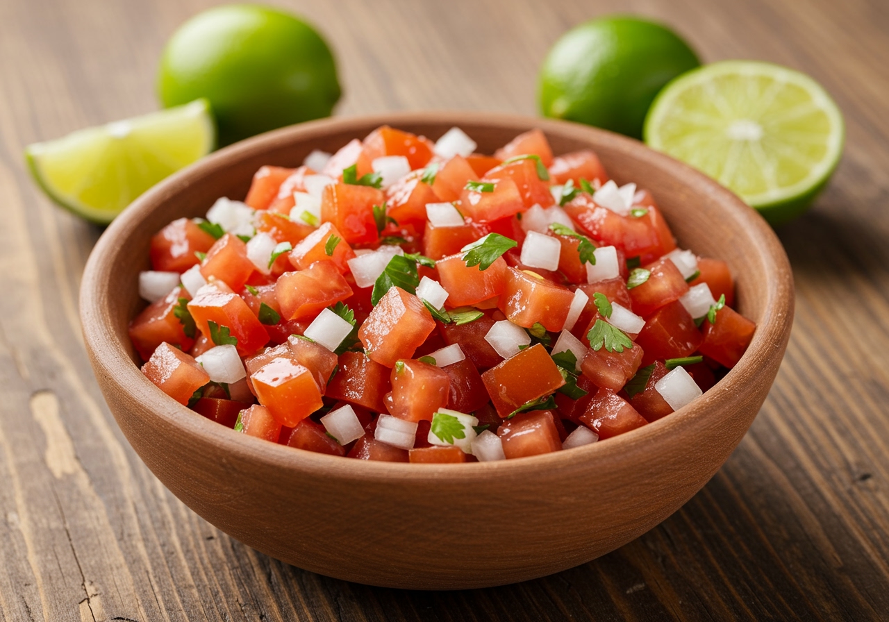 A vibrant bowl of freshly made pico de gallo with diced red tomatoes, white onions, green cilantro, and a few slices of lime on the side, displayed on a wooden table.