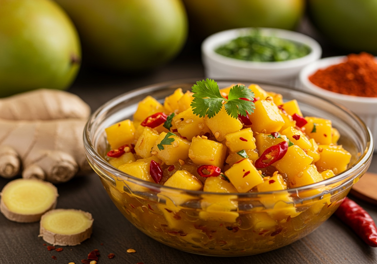 A vibrant bowl of freshly made spicy mango relish, with visible chunks of mango, red chili flakes, and herbs. The background shows blurred fresh mangoes, ginger, and various colorful spices in small bowls.