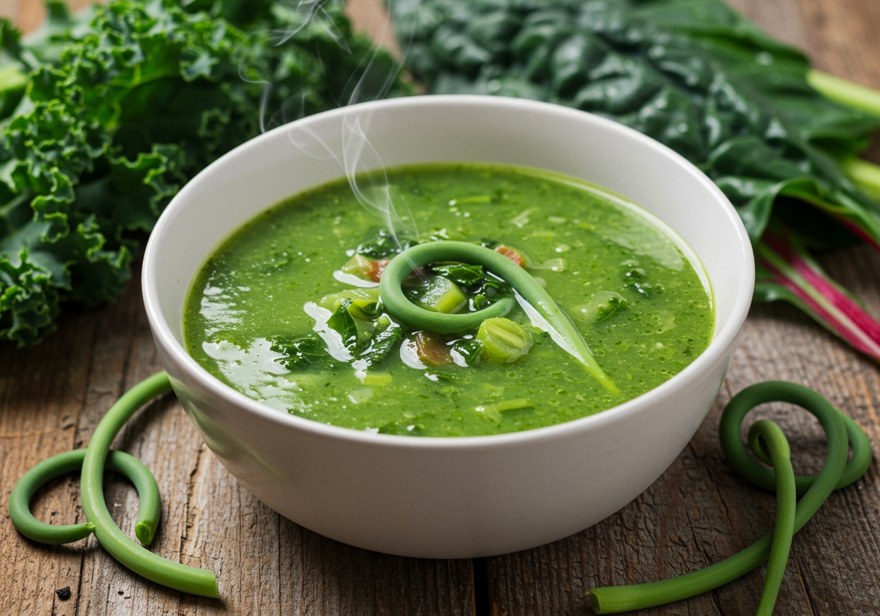 A vibrant bowl of green vegetable soup with visible pieces of kale, chard, and garlic scapes. Steam is gently rising. The background is a rustic wooden table with some fresh kale leaves, chard, and garlic scapes scattered around.