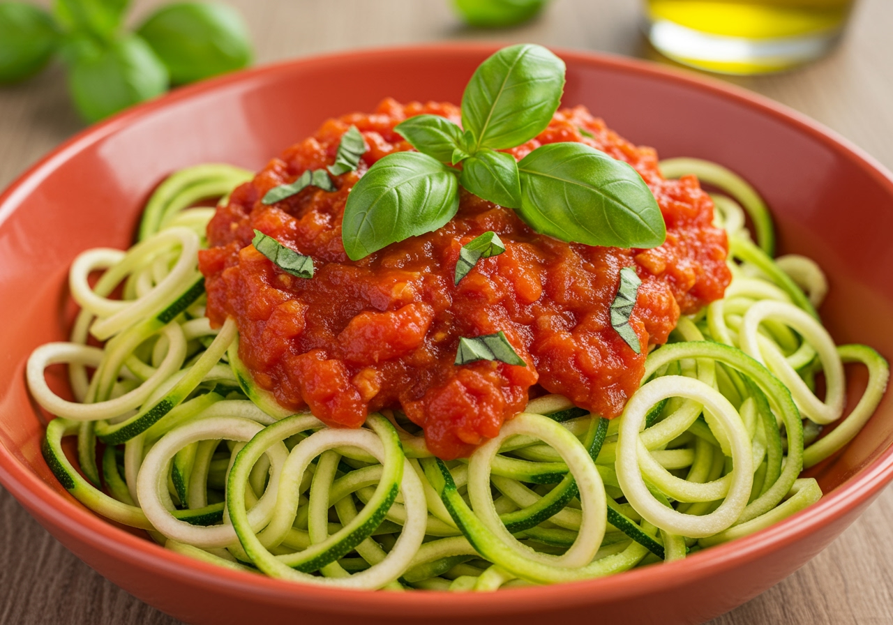 A vibrant bowl of green zucchini noodles topped with a red tomato sauce and fresh basil, resembling a plate of spaghetti.