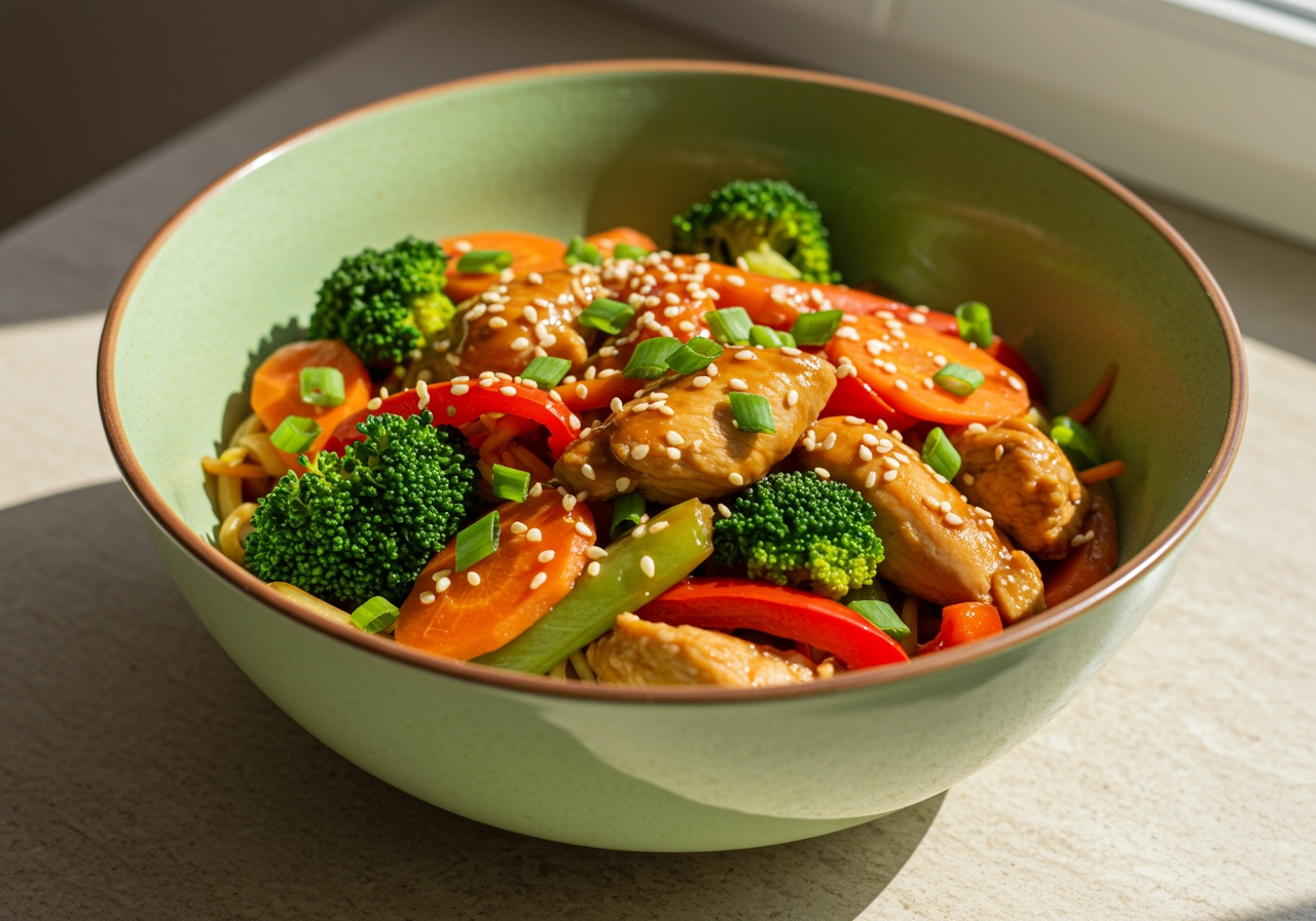 A vibrant bowl of healthy ankake yakisoba alternative, loaded with colorful vegetables and lean protein, presented attractively.