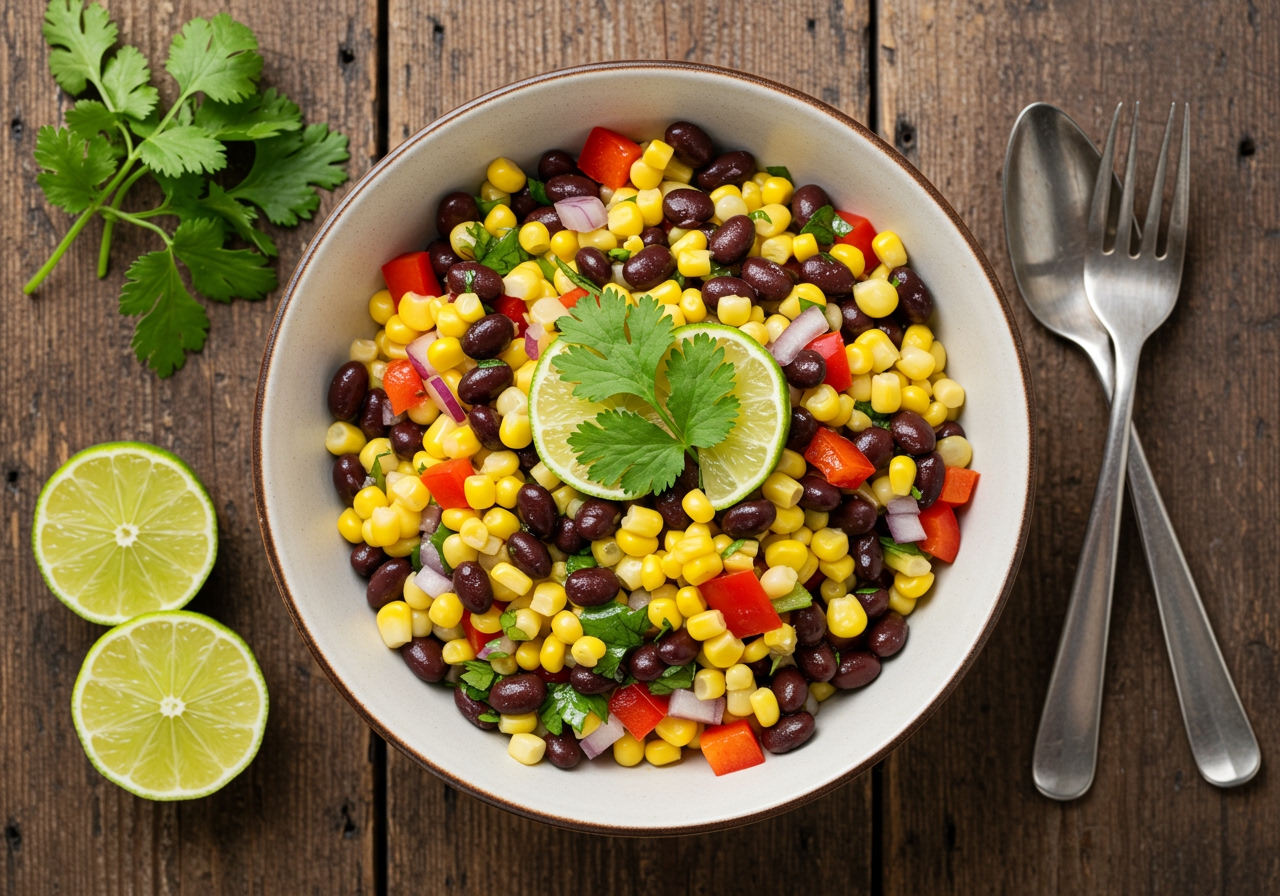 A vibrant bowl of healthy corn and black bean salad with fresh cilantro, red onions, bell peppers, and a zesty lime dressing, shot from an overhead angle on a rustic wooden table.