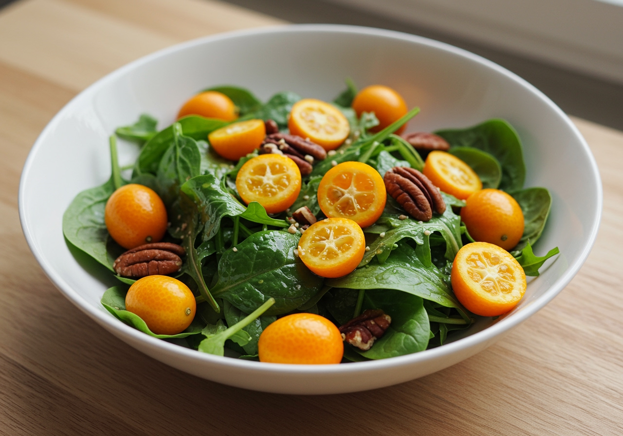 A vibrant bowl of healthy kumquat salad with fresh greens and a light dressing.