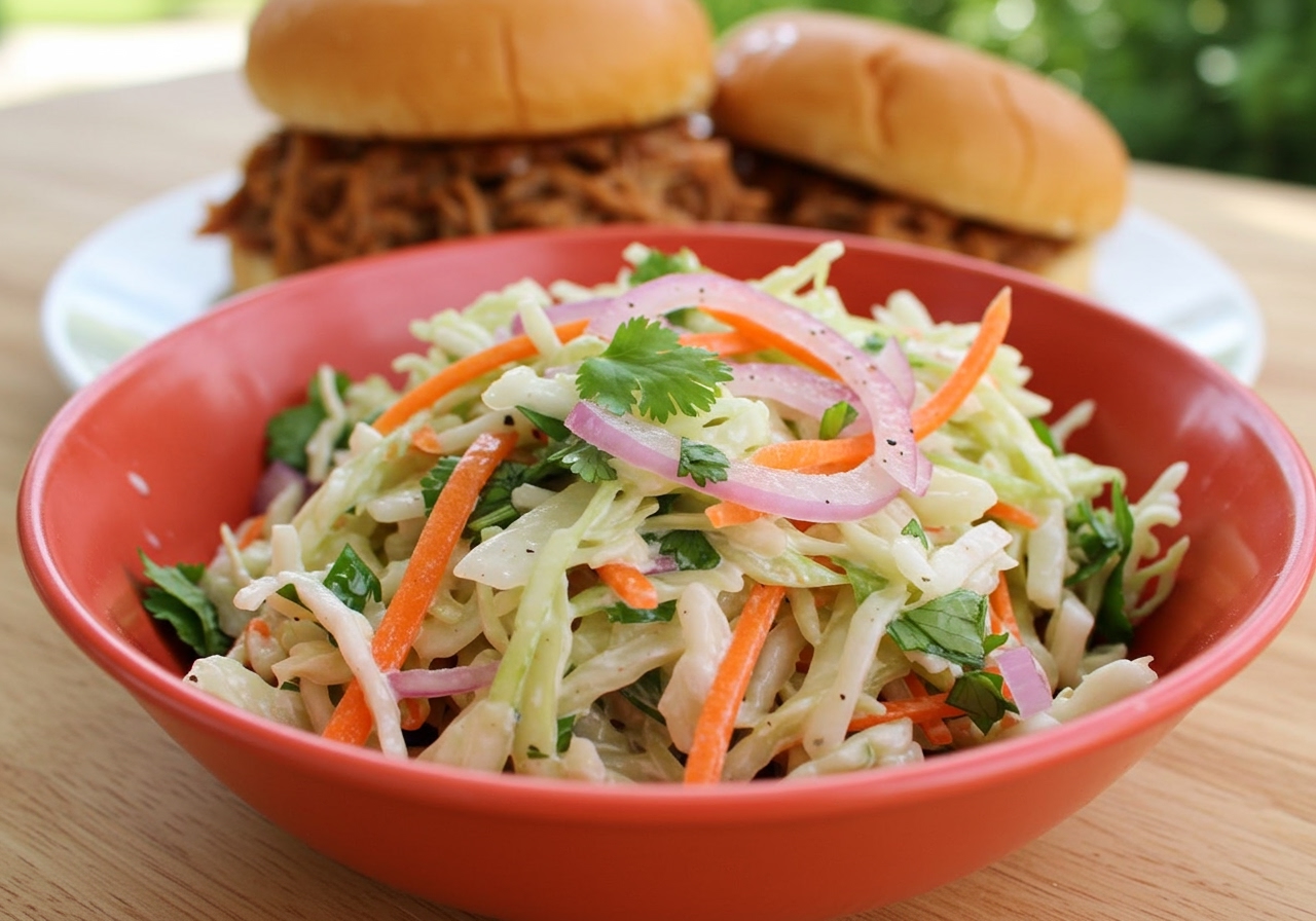 A vibrant bowl of healthy pickled onion and cilantro coleslaw, with a side of pulled pork sandwich in the background, bright lighting, fresh ingredients visible