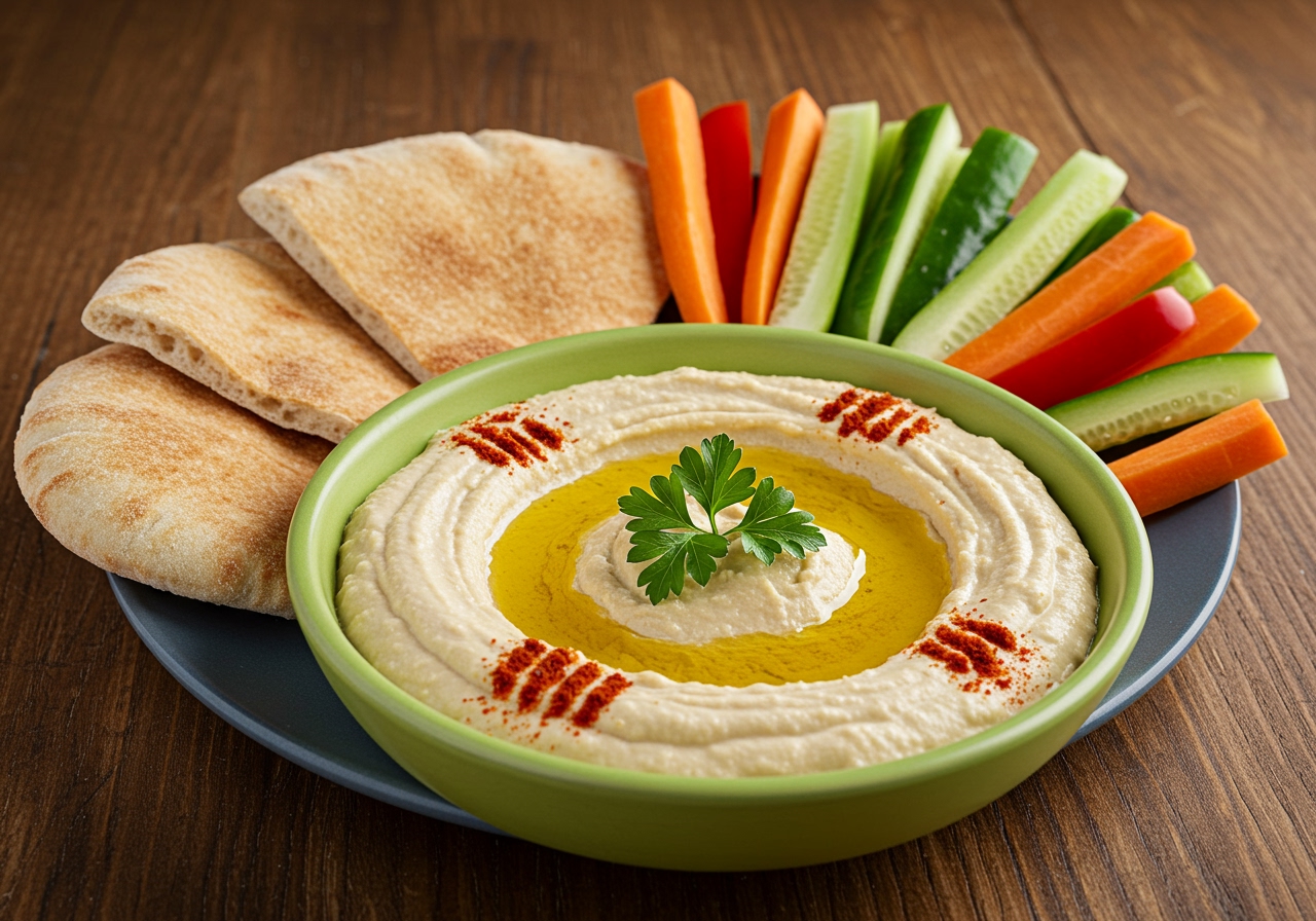 A vibrant bowl of homemade hummus, garnished with olive oil, paprika, and fresh parsley, served with warm pita bread and vegetable sticks on a rustic wooden table.