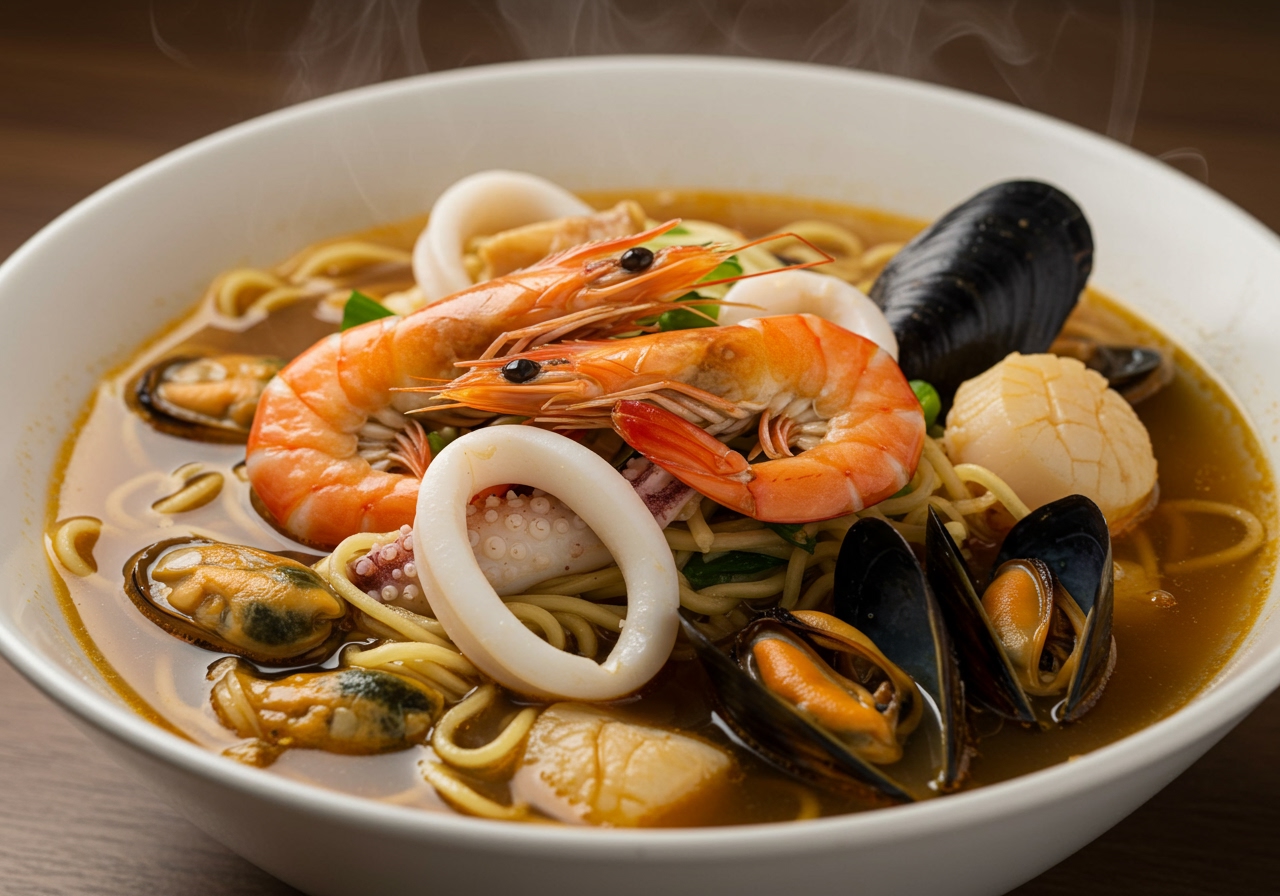A vibrant bowl of Japanese seafood ramen filled with various seafood like shrimp, squid, mussels, and scallops, in a rich, slightly cloudy broth. Steam is rising from the bowl.