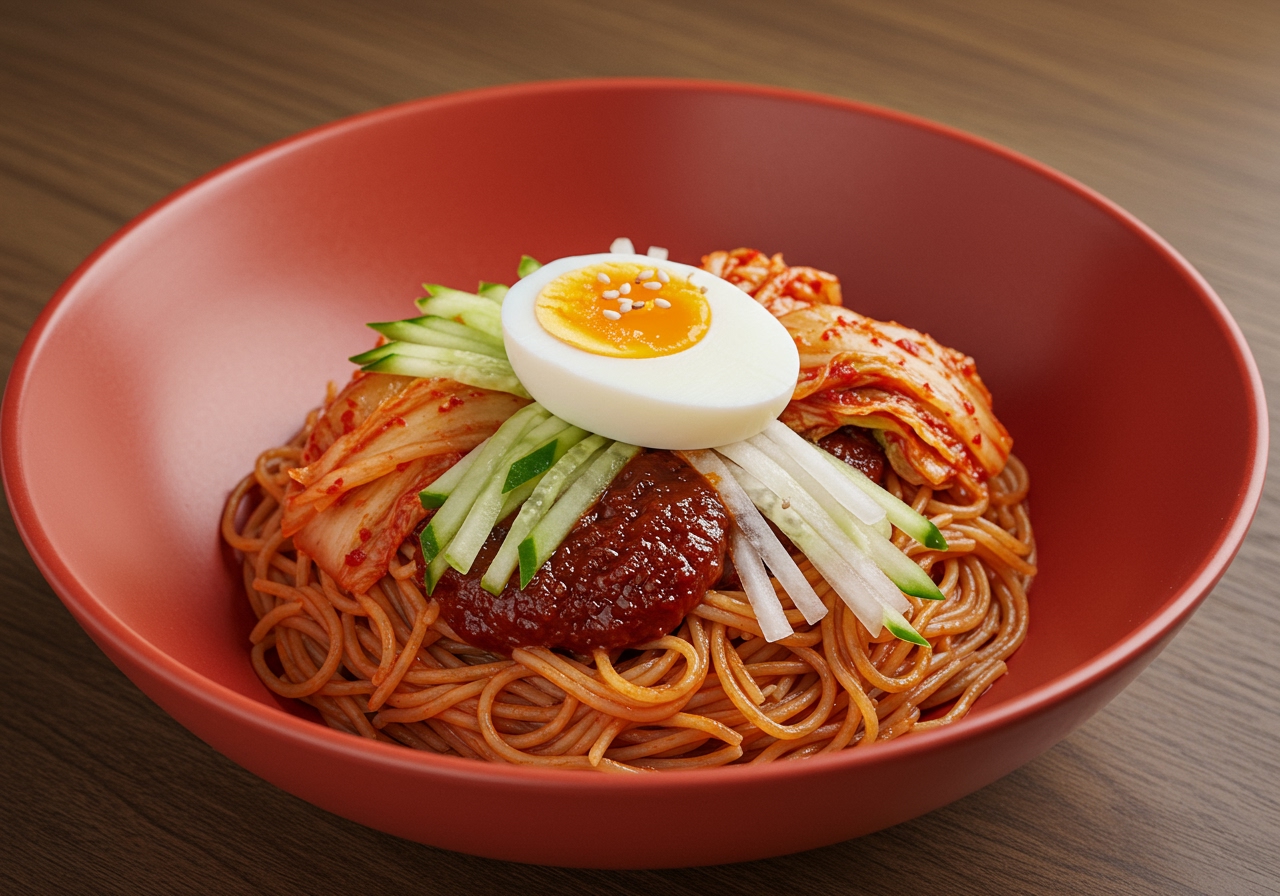 A vibrant bowl of Korean Bibim Somen, featuring noodles tossed in a spicy red sauce, topped with cucumber, radish, kimchi, and a boiled egg.