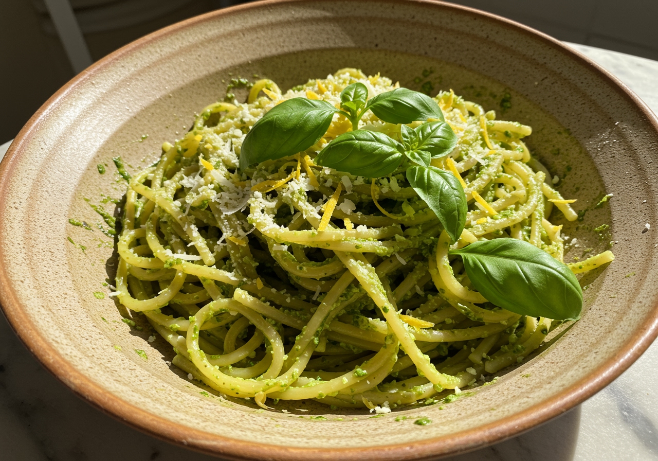 A vibrant bowl of lemon pesto pasta garnished with fresh basil, lemon zest, and grated cheese.