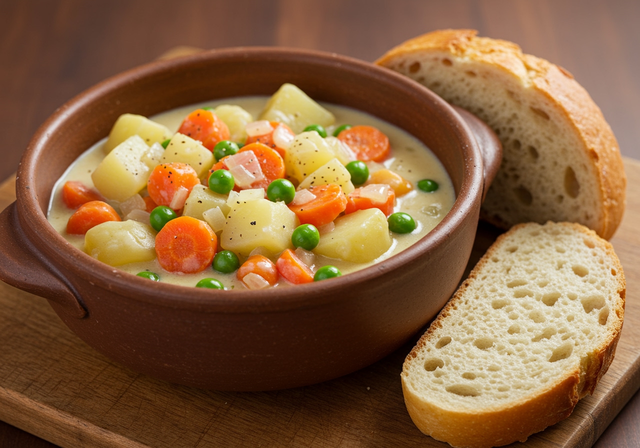 A vibrant bowl of Nova Scotia Hodge Podge filled with colourful vegetables in a creamy sauce, served with a slice of crusty bread.