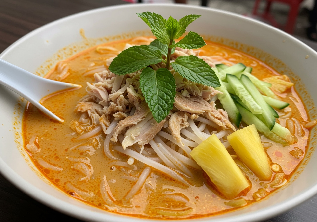 A vibrant bowl of Penang Asam Laksa, showing thick rice noodles, flaked fish, cucumber, pineapple, and mint in a reddish-orange sour soup.