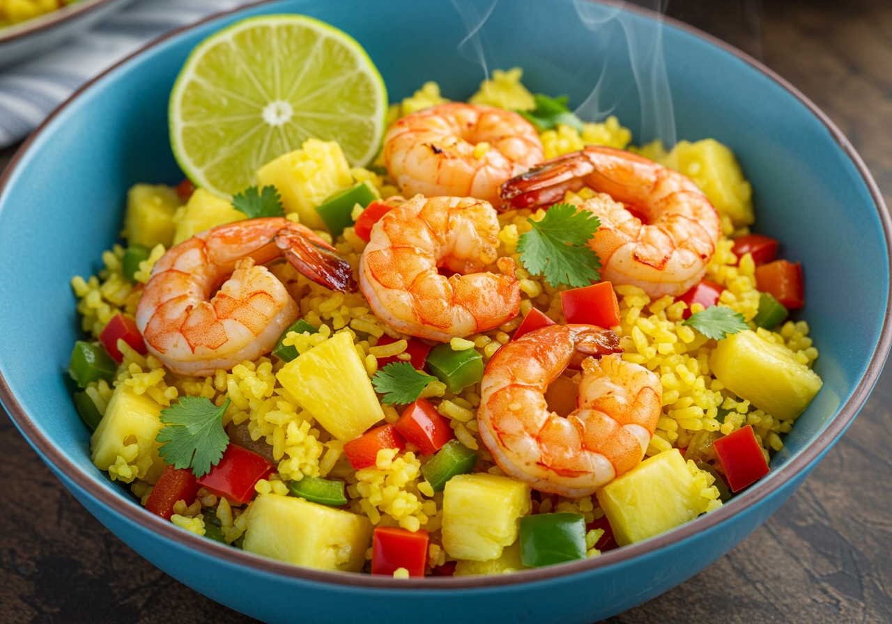 A vibrant bowl of pineapple lime rice mixed with grilled shrimp and diced bell peppers, served with a wedge of lime on the side.