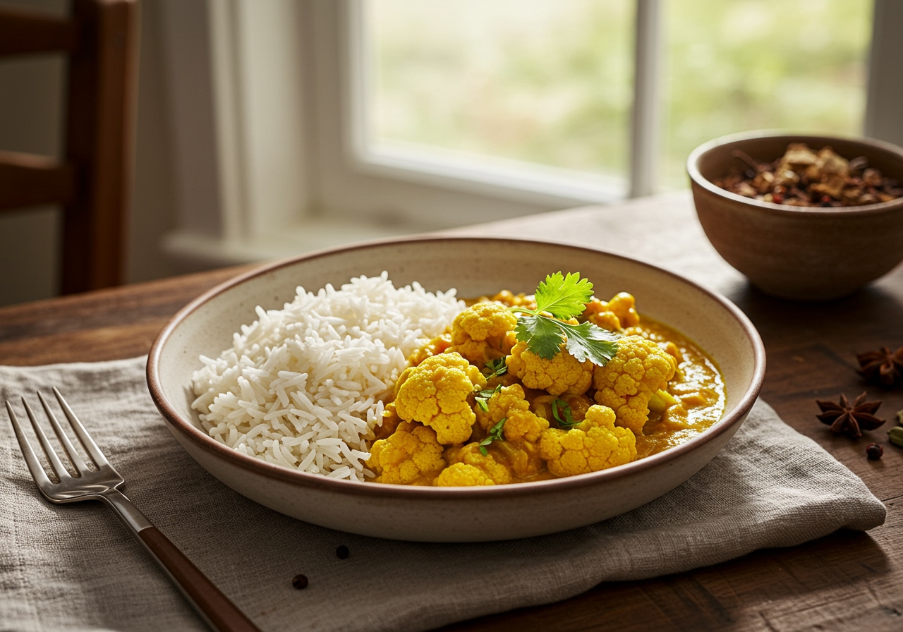 A vibrant bowl of plant-based cauliflower curry, garnished with fresh cilantro, served with fluffy basmati rice, in a bright and inviting kitchen setting.