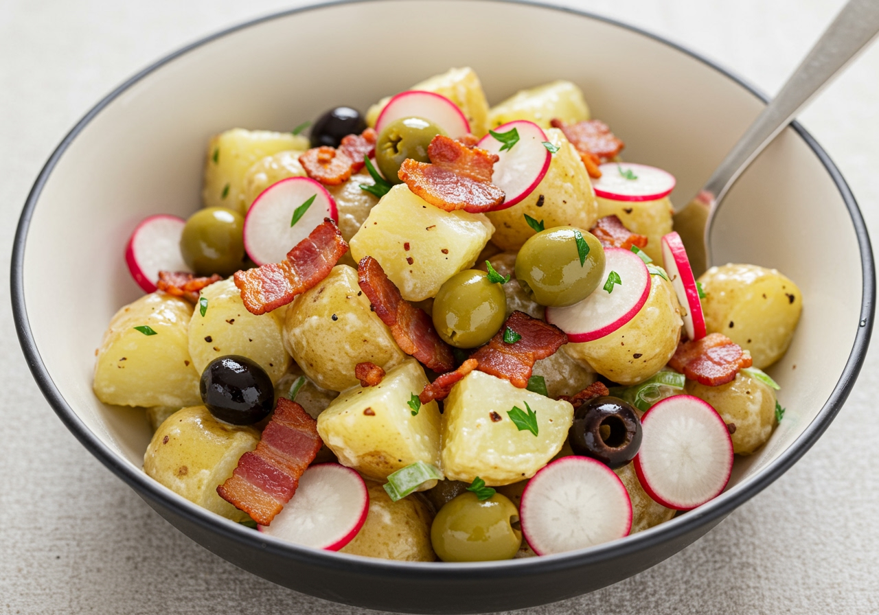 A vibrant bowl of potato salad with visible chunks of potato, crispy bacon bits, sliced black and green olives, and thinly sliced red radishes. The texture contrast should be appealing.