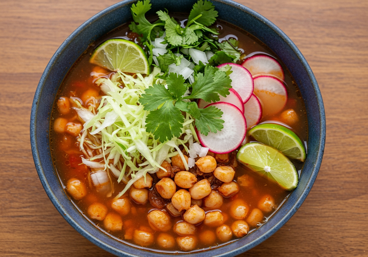 A vibrant bowl of red pozole, garnished with shredded cabbage, radishes, lime wedges, and cilantro. Large, plump hominy kernels are clearly visible.