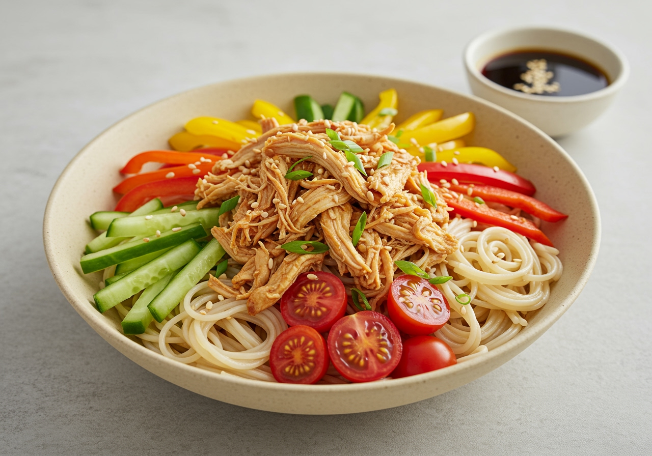 A vibrant bowl of somen noodles topped with colorful vegetables like cucumber, tomatoes, peppers, and shredded chicken, with a small bowl of dipping sauce.